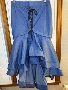 Blue Tiered Ruffled Maxi Skirt with Lace-Up Waist
